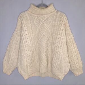 Vintage Oak Tree Wool Pullover Turtleneck Sweater-Cream-Women’s XL-Great Britain